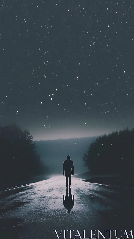 Lone figure on wet night road under falling rain.