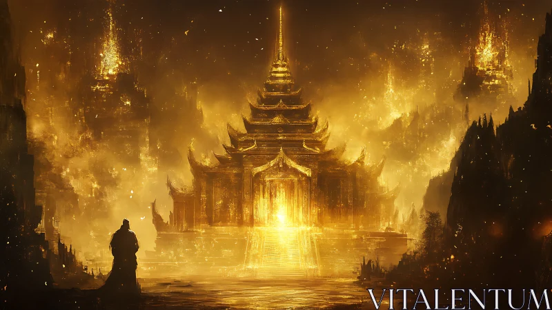 Golden tiered temple in luminous atmospheric landscape.