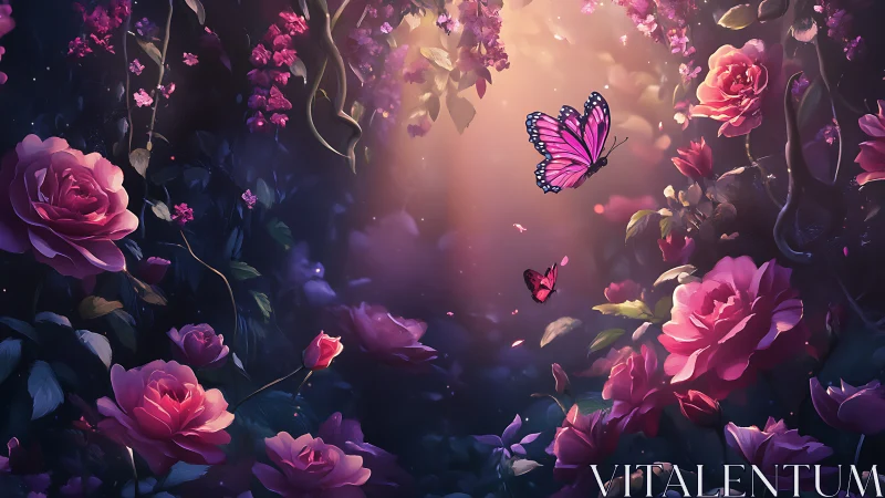 Digital fantasy garden with volumetric light effects and butterfly specimens