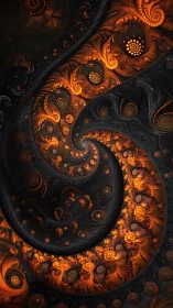 Spiral fractal pattern with orange and black recursive forms.