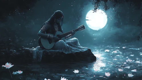 Moonlit guitarist resting by a quiet, glowing lotus pond.