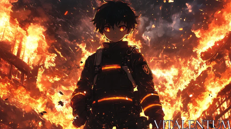 Young firefighter stands strong amid roaring city flames