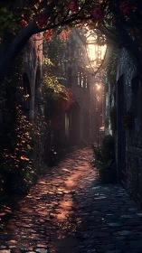 Golden dusk light transforms ivy alley into glowing passage.