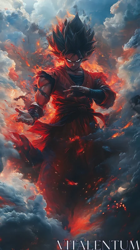 Stormforged warrior rises in blazing sky of molten clouds.