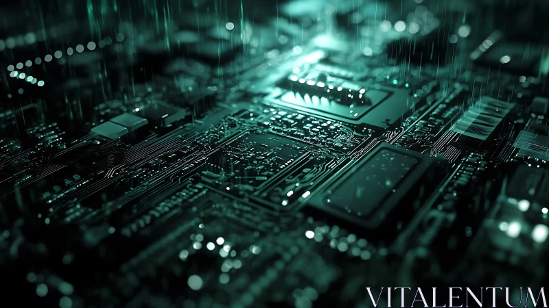 Futuristic circuit board closeup with green digital glow.