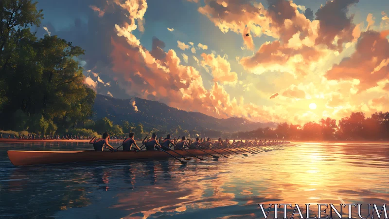 Sunlit competitive rowing scull on reflective river at sunset