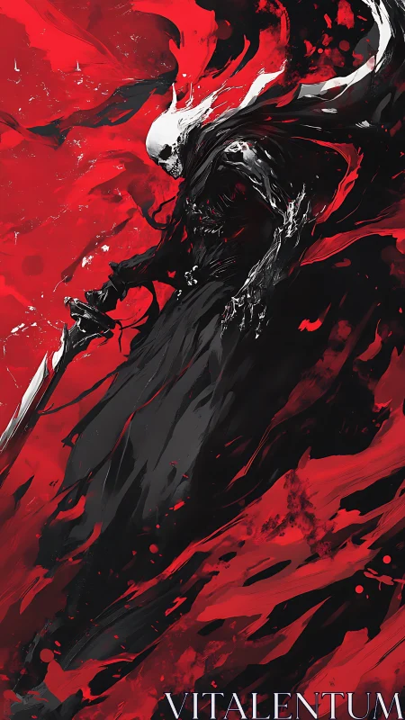 White-skulled warrior wields sword amid red and black flux