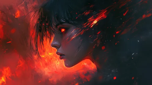 Fiery profile of dark haired character in glowing embers.