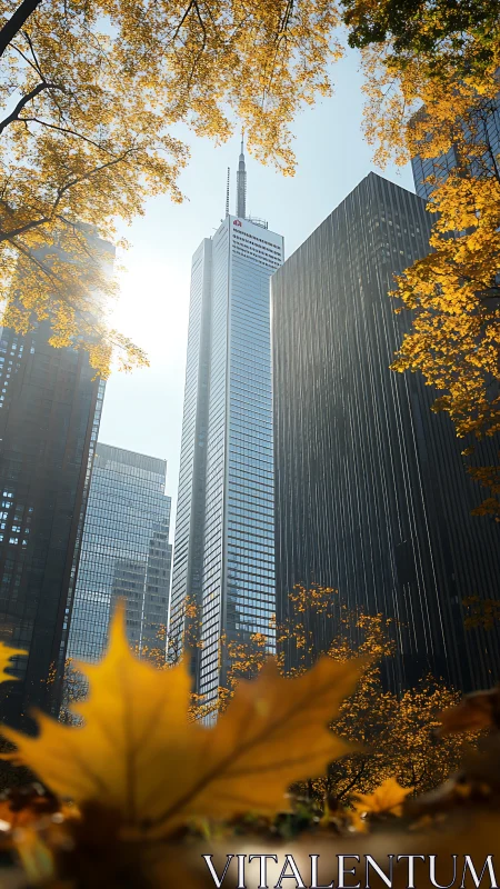 Autumn foliage framing glass skyscrapers in bright backlight