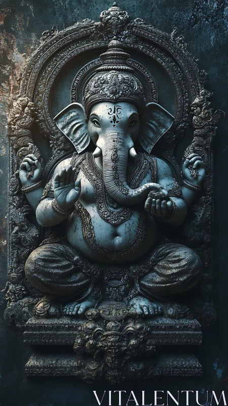 Intricate stone relief of seated Ganesha with ornate frame.