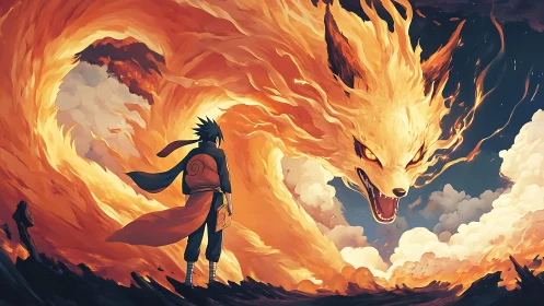 Blazing fox spirit coils around lone warrior under storming sky