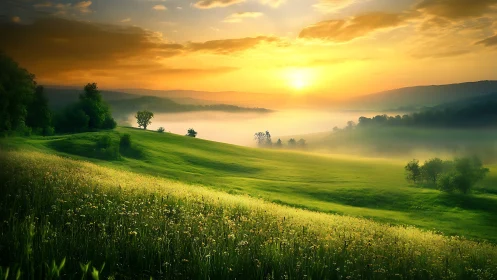 Sunlit mist over rolling green hills at sunrise.