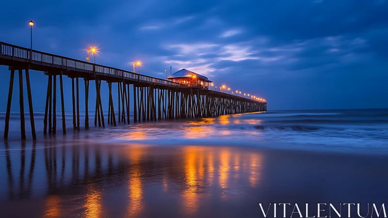 Ocean pier glows over twilight surf with mirrored reflections.