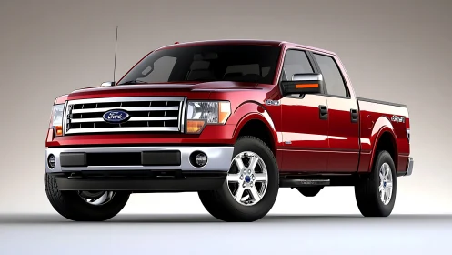 Red Ford pickup truck on clean studio background, front view.