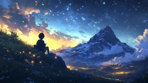 Anime nightscape with silhouetted figure and starlit mountain vista.