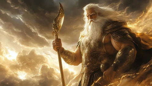 Godlike armored warrior dominates storm-lit clouds with radiant spear
