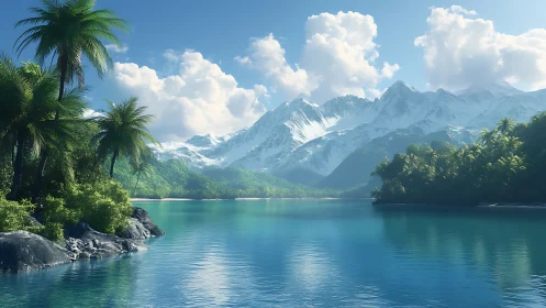 Tropical lagoon with snow-capped alpine mountains and clouds