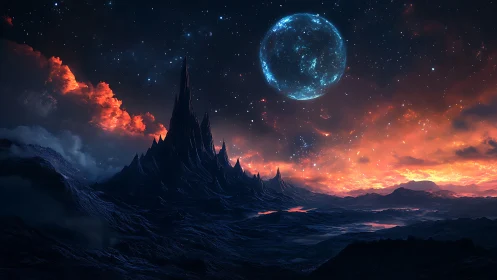 Extraterrestrial basalt spires under luminous cerulean moon.