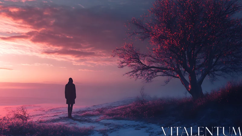 Solitary figure under crimson tree at violet sunrise.