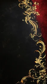 Baroque floral gold ornament on distressed red-black panel.