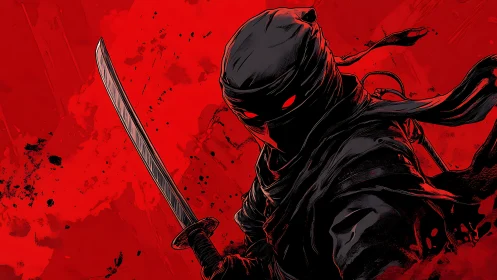 Masked ninja warrior strikes against blood-red chaos.