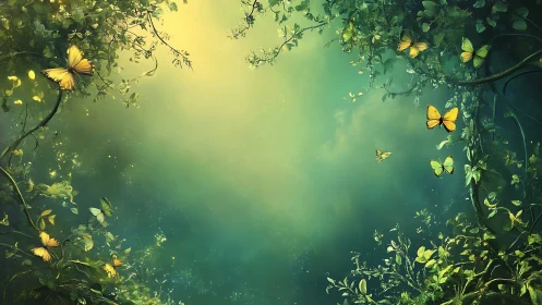 Golden butterflies drift through glowing emerald forest haze.
