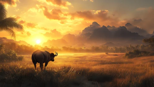 Buffalo stands in sunlit grassland before distant mountains
