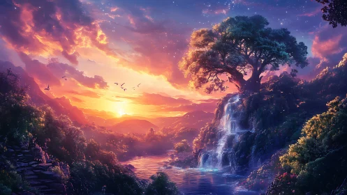 Sunset river hums beneath a dreaming waterfall tree