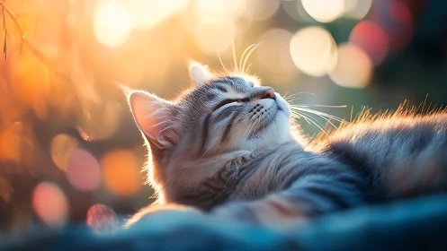 Contented cat basking in golden sunset glow.