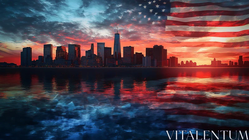 American city skyline at sunset with double exposure flag overlay