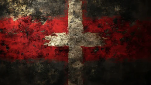 Heavily eroded Nordic cross flag with corroded pigment strata.