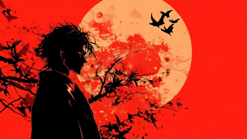 Silhouetted figure stands before distressed red sun backdrop