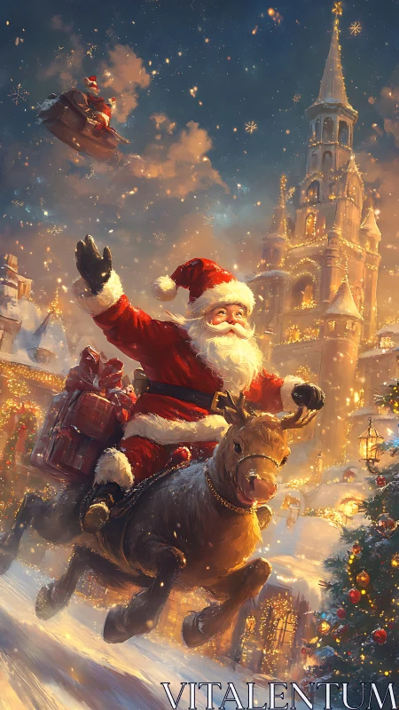 Digital illustration shows Santa riding reindeer in city square