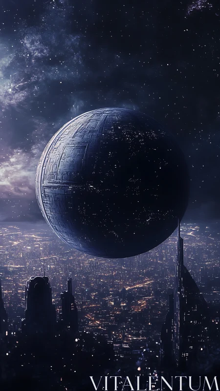 Orbital night sphere hovering above neon cradle of city.