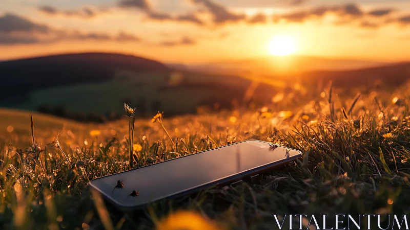 Smartphone lying in grass on hillside during sunset period.