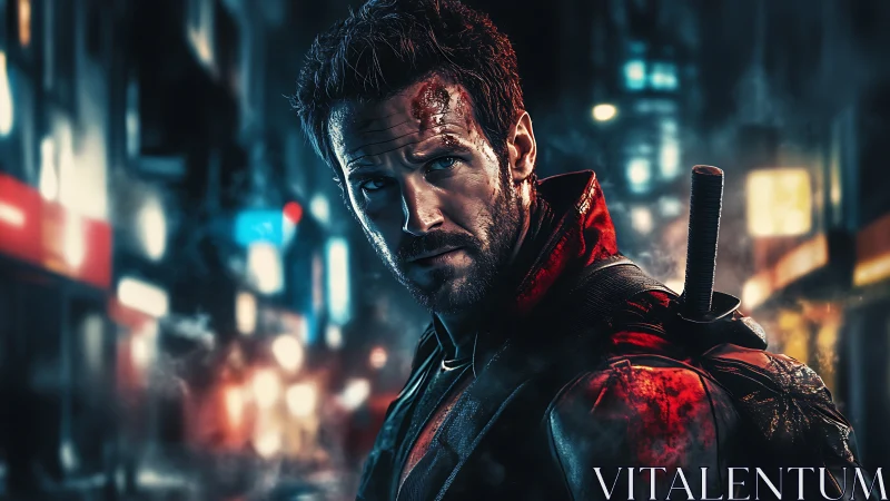 Bloodlit vigilante stalks neon alleys under rain-slick night.