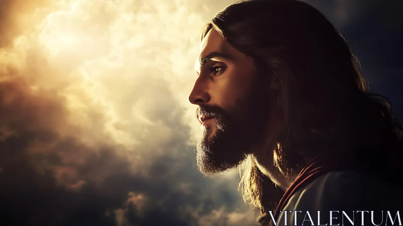 Golden dawn cradles a serene bearded figure in quiet profile