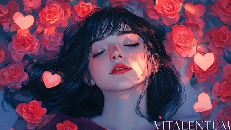 Serene Woman Surrounded by Glowing Red Roses and Hearts.