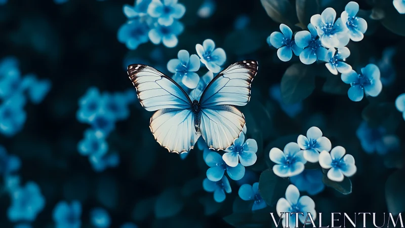 Pale blue butterfly rests over small blossoms in soft focus