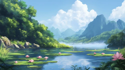 Lotus islands afloat beneath storybook emerald mountains.