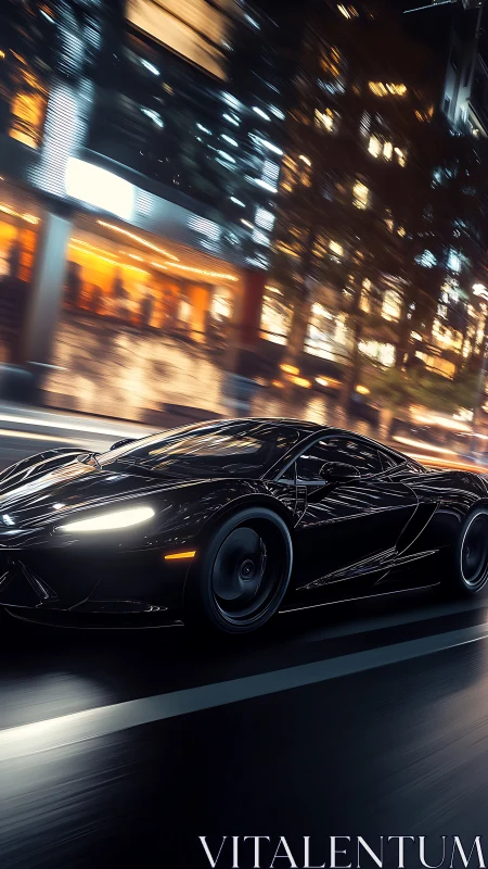 Black sports car accelerates through night city street