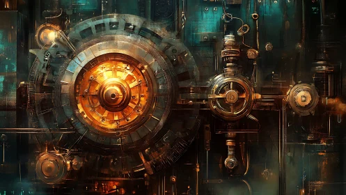 Industrial rotor array glows with complex steampunk mechanical energy