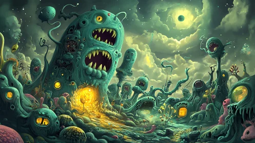 Bioluminescent monster village under turbulent alien moonlight.