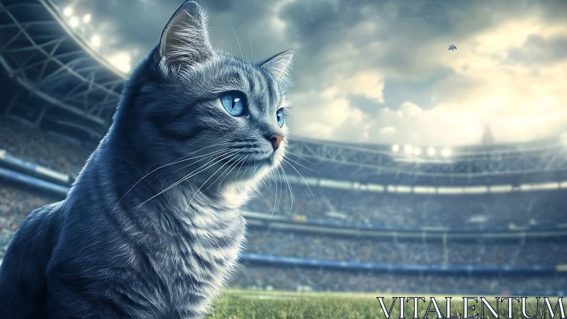 Photorealistic stadium cat portrait with cinematic depth of field.