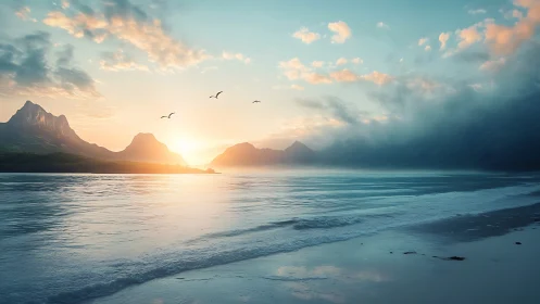 Coastal sunrise illuminates distant mountains and calm sea