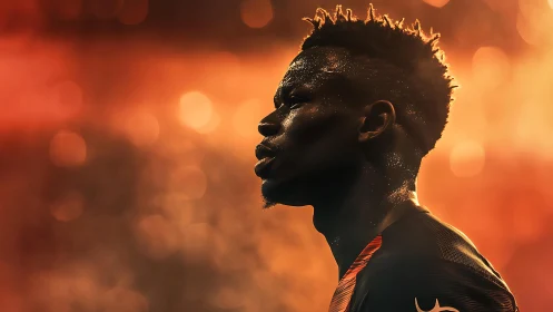 Sweating football player in profile under intense stadium lights