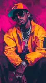 Digital painting portrait with neon hip-hop streetwear styling.