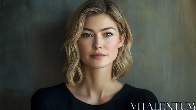 Calm blonde portrait against textured muted backdrop.