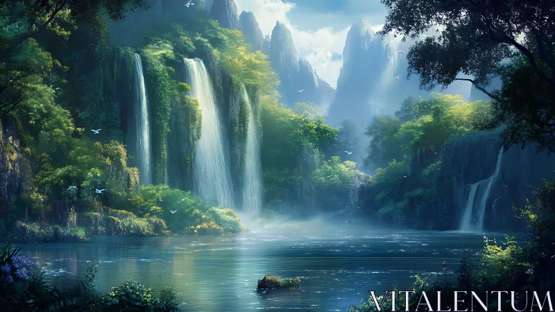 Misty emerald waterfalls over tranquil fantasy lagoon.