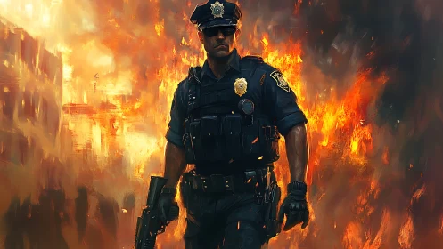 Defiant tactical officer advancing through blazing inferno.
